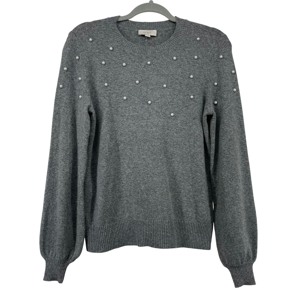 LOFT‎ Women Size Medium Sweater Grey Pearl Embellished Balloon Sleeve Pullover